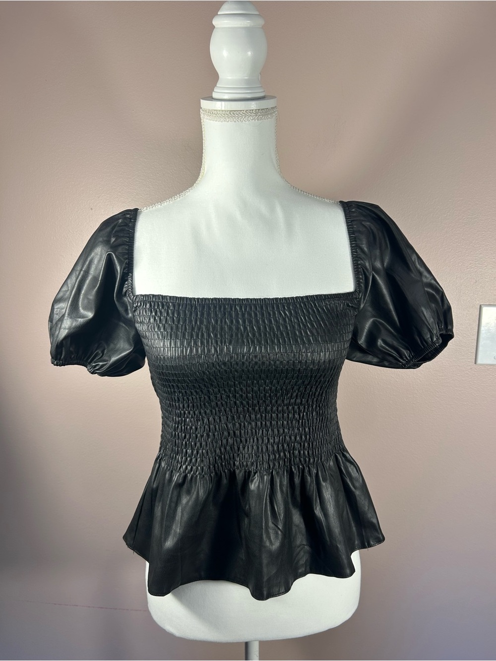 miami Black Faux-Leather Smocked Puff-Sleeve Peplum Top